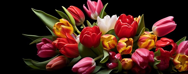 Bouquet of multicolored tulips on a black background