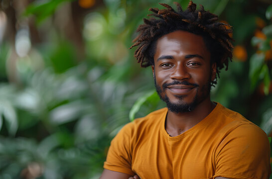 a man with dreadlocks and wearing an orange shirt