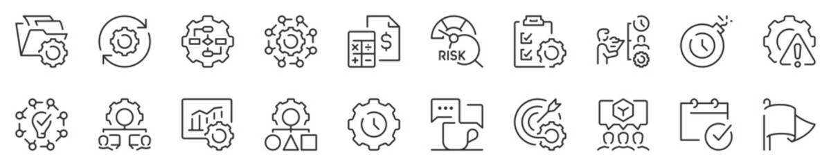 Naklejka premium Line icons about project management. Thin line icon set. Symbol collection in transparent background. Editable vector stroke. 512x512 Pixel Perfect.