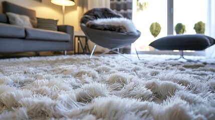 Low angle view of a room with fluffy carpet and stylish furniture on the floor indoors