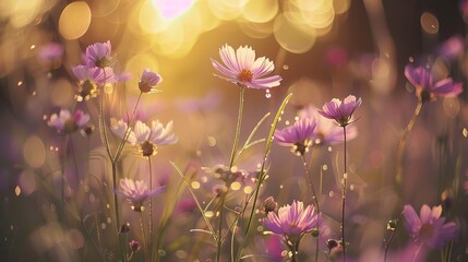 Wildflowers swaying, soft forest bokeh, close-up, low angle, dreamy light leaks, golden hour