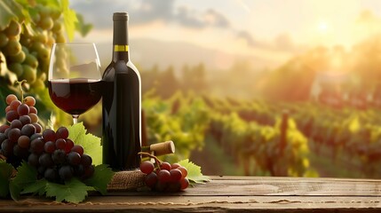 Bottle of excellent wine, a glass of wine and grapes on background of a picturesque vineyard. Copy...
