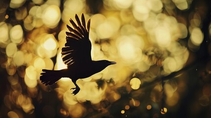 Fototapeta premium Bird in flight, detailed silhouette, forest bokeh, close-up, bird's-eye view, serene light leaks 