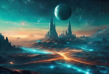 AI generated illustration of A distant planet in space with celestial mountains and stars