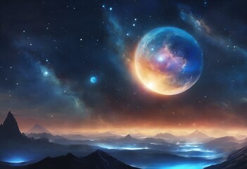 Naklejka na ściany i meble AI generated illustration of A distant planet in space with celestial mountains and stars