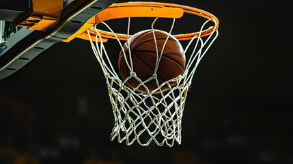 a basketball going through a net at night with its ball inside - obrazy, fototapety, plakaty