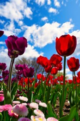 Vertical shot of red and maroon tulips in a beautiful garden on blue cloudy sky background