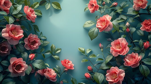 Colorful blooms and verdant leaves arranged on a serene sky blue background, portrayed in realistic high resolution, their natural elegance and freshness depicted with cinematic flair.