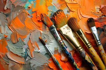 AI-generated illustration of paint brushes on a surface in orange hues