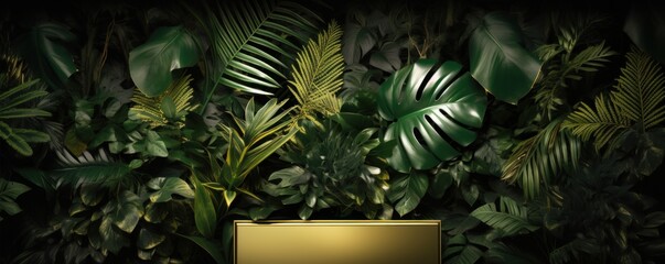 Gold frame background, tropical leaves and plants around the gold rectangle in the middle of the photo with space for text