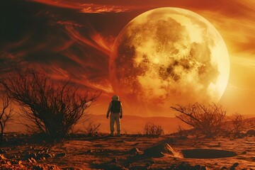 AI-generated illustration of an astronaut standing in a desert, gazing at the moon