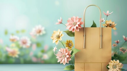 Obraz premium Shopping paper bag with spring flowers. Template for your promotional design.