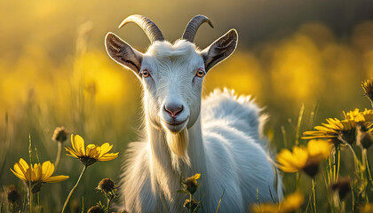Portrait of white goat in field with yellow flowers. Farm animal. Blurred natural backdrop.