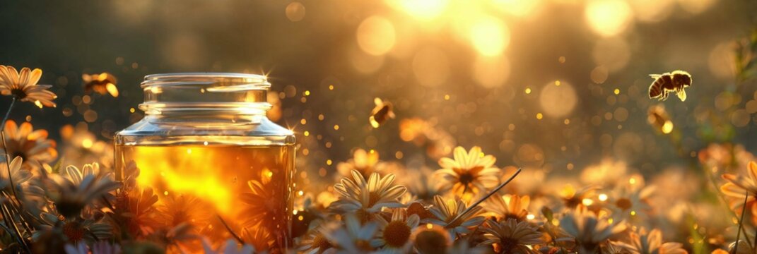A jar of honey in a blooming meadow full of bees at sunset. Natural organic honey. Beekeeping concept