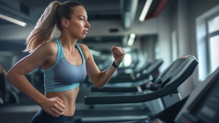 Fototapeta na wymiar Focused woman jogging on treadmill