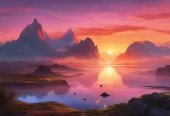 Rolgordijnen AI generated illustration of sunset over ocean mountains with rocks & grass © Wirestock