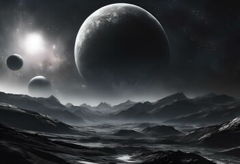 AI generated illustration of planets shining in the moonlit sky above a mountainous terrain