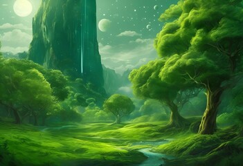 Fototapeta na wymiar AI generated illustration of a scenic green landscape with mountains, trees, and full moon