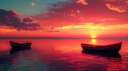 AI generated illustration of boats anchored in the ocean at sunset as the sun sets