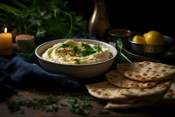 Hummus and Pita Bread, Creamy and savory dip served with soft pita bread for scooping