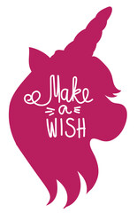 Vector motivation print with unicorn silhouette and text "Make a wish". Unicorn poster