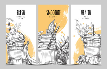 Vector set of illustrations of fruit smoothies in bottles and plastic cups on white background