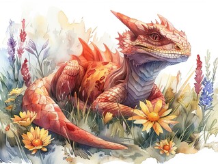 Watercolor illustration of a dragon lounging in a lush summer meadow, basking in the warm sun Isolated on white background clipart  isolated on white background clipart