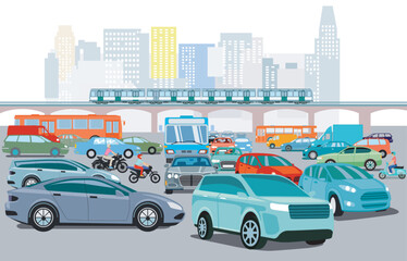 Stadtsilhouette einer Stadt mit Verkehrs-Stau  illustration - 785163235