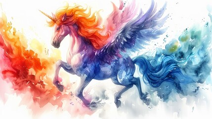 Watercolor illustration of a Pegasus taking flight from a sundrenched summer meadow Isolated on white background clipart  isolated on white background clipart
