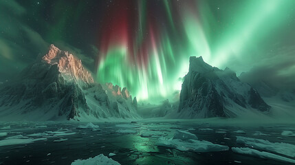 The sky is filled with green auroras, against the backdrop of rocky glaciers. - obrazy, fototapety, plakaty