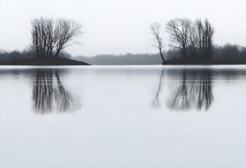 a couple of trees are reflected in the water on a calm day