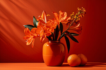 AI illustration of oranges and lilies in an orange vase casting shadows on the wall