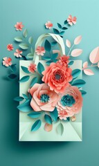 Shopping paper bag with spring flowers. Template for your promotional design.