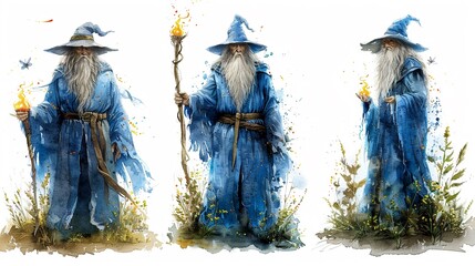 Watercolor scene of a wise old wizard conjuring a spell with summer fireflies dancing around him Isolated on white background clipart  isolated on white background clipart - obrazy, fototapety, plakaty