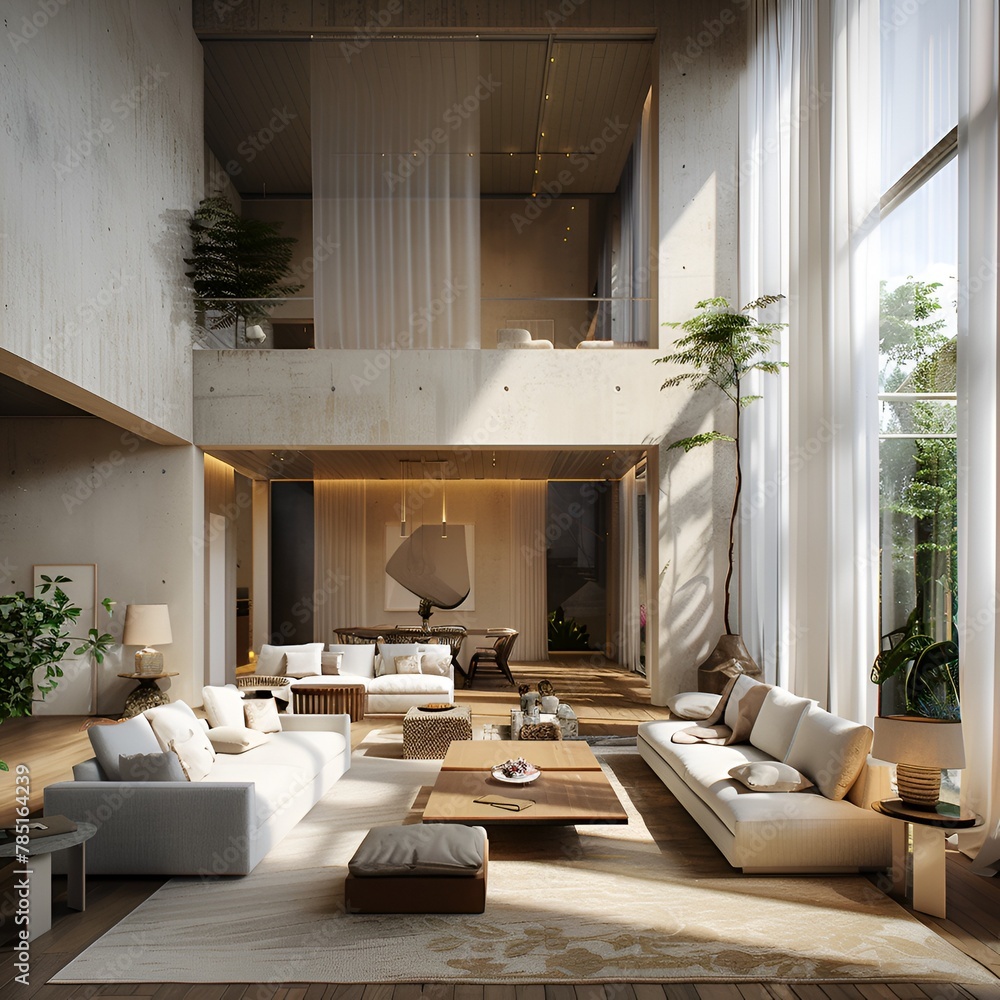 Poster AI generated illustration of a contemporary living room with spacious windows and white furnishings