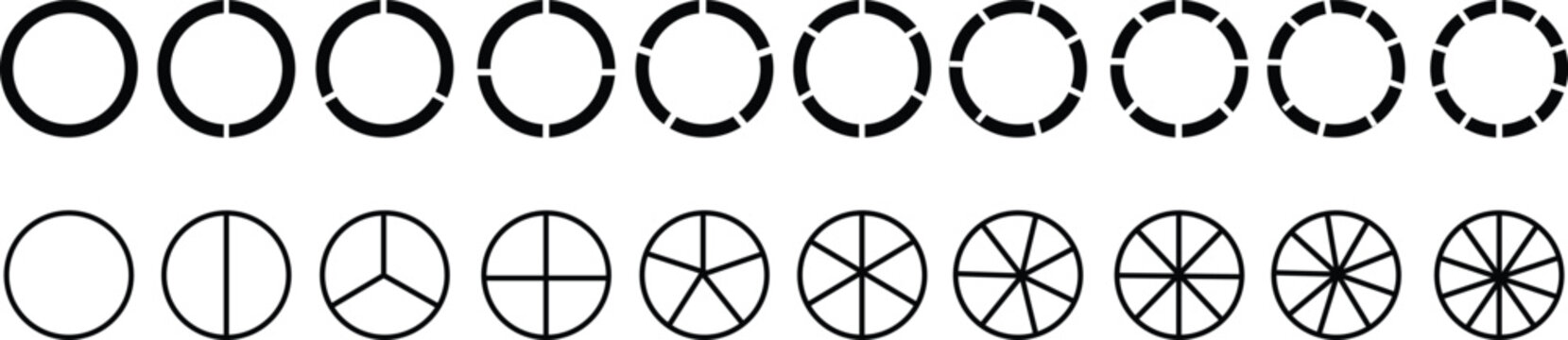 Segmented circle icons set isolated on a transparent background. Various number of sectors divide the circle on equal parts. Black thin outline graphics circle sector for visualization of infographic.