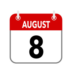 8 August, calendar date icon on white background.
