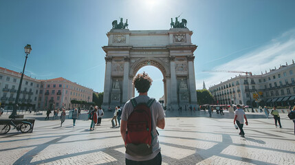 Tourists Delight in Commerce Square with Rua Augusta Arch, Lisbon, Portugal