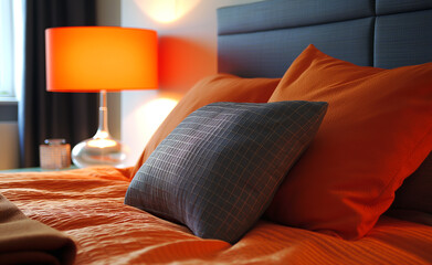 Modern Bedroom Glow: Orange Lamp and Bed Decor - 785165489
