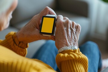 App demo near shoulder of a senior woman holding an smartwatch with a fully yellow screen