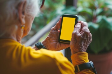 App demo near shoulder of a senior woman holding an smartwatch with a fully yellow screen