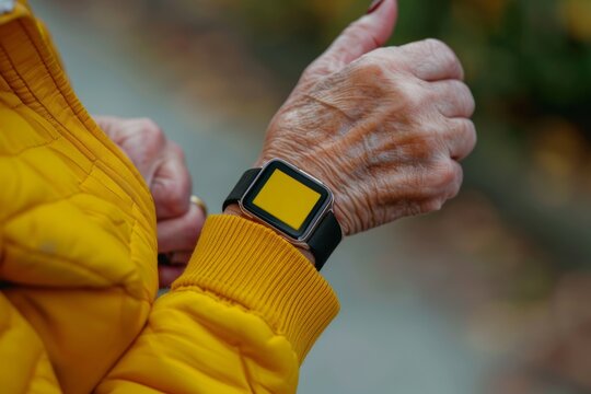 App demo near shoulder of a senior woman holding an smartwatch with a fully yellow screen