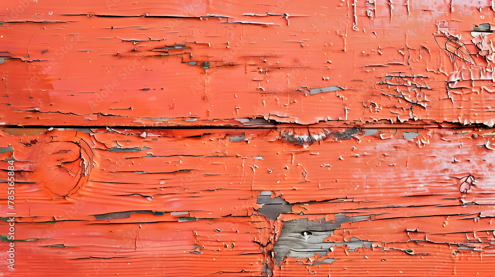 Wall mural Peeling red paint on weathered wood texture. Aged and distressed wooden surface background for rustic and vintage design themes