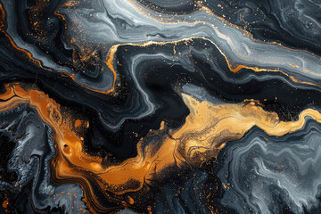 A closeup of swirling patterns in black and gold marble, resembling an abstract painting with fluid lines and splashes of color. Created with Ai
