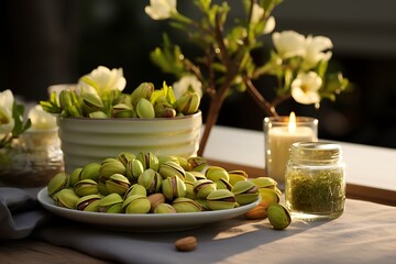 Bowl with pistachios and flowers on table, closeup