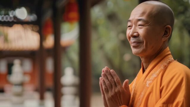 Old Buddhist monk man in orange Kasaya robe. Buddhism religion. Senior smiling person pray in temple. Calm and peace. Asian spiritual life. Asia culture harmony. Male monastery.