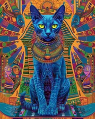 Feline with an Egyptian motif on the orange backdrop, AI-generated.