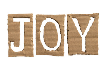 A word "JOY" cut out from a cardboard