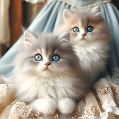 AI generated illustration of cute kittens with striking blue eyes lounging on a cozy comforter
