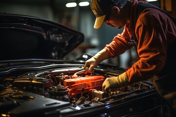 Close-up of a male mechanic repairing a car engine in a garage.